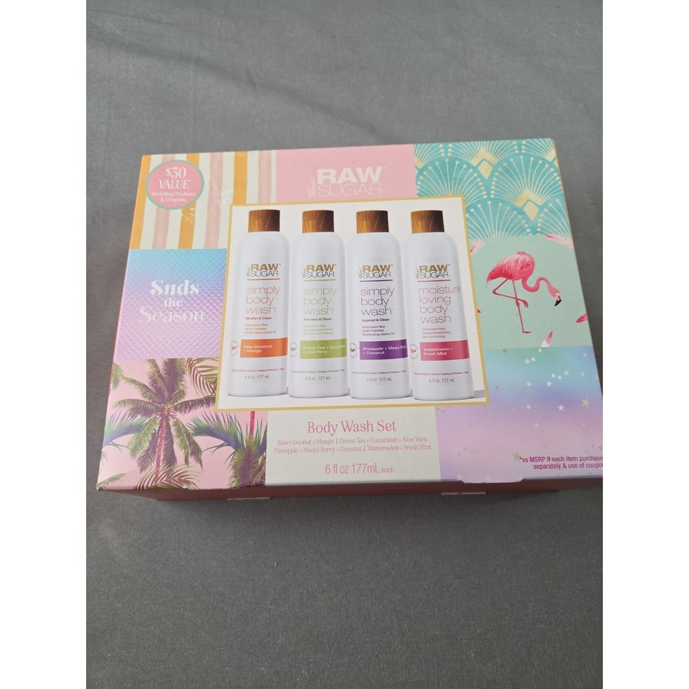 Raw Sugar Simply Body Wash Set. Four Different Bottles. Each Bottle 6 Fluid Ounc